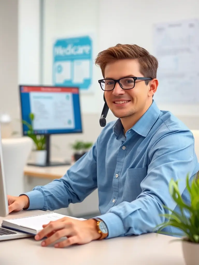 A Medicare Help Service agent on the phone, calmly and effectively resolving a claim issue for a client, with a computer screen showing claim details in the background.
