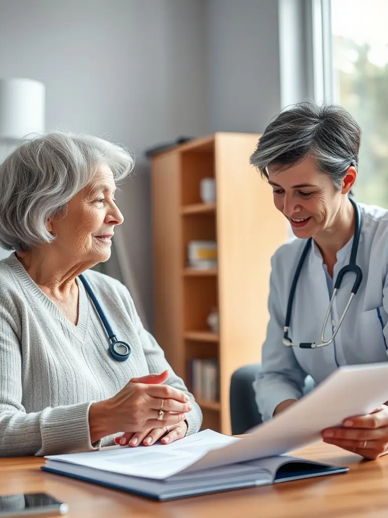 A friendly Medicare Help Service agent assisting a senior with enrollment forms at a desk, smiling and providing guidance.
